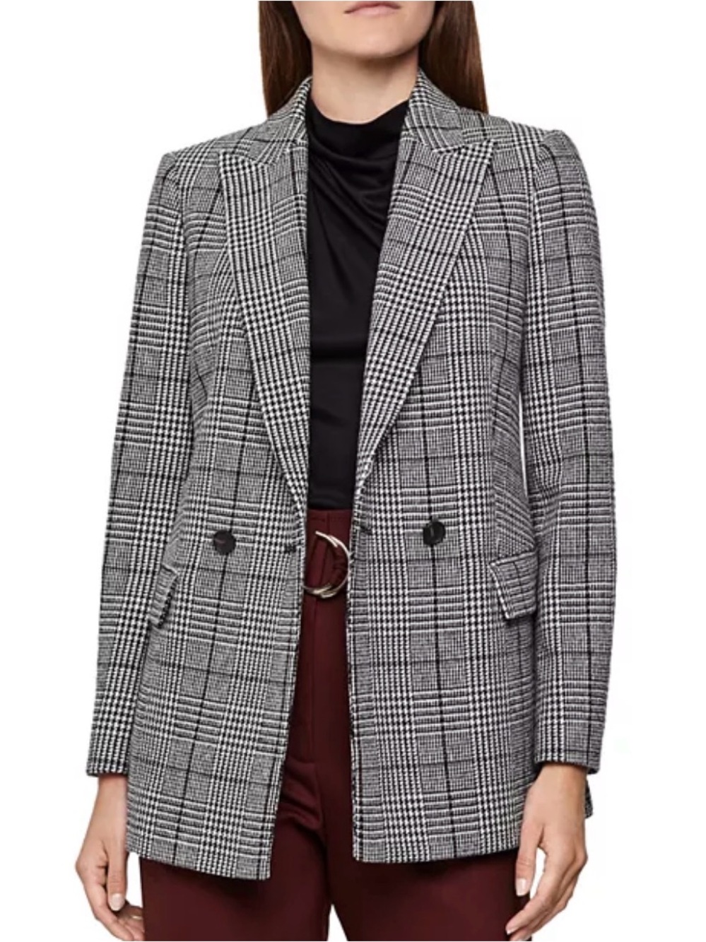 REISS Tanna Houndstooth Checked Blazer Jacket Wool Blend Black Grey White Sz 10